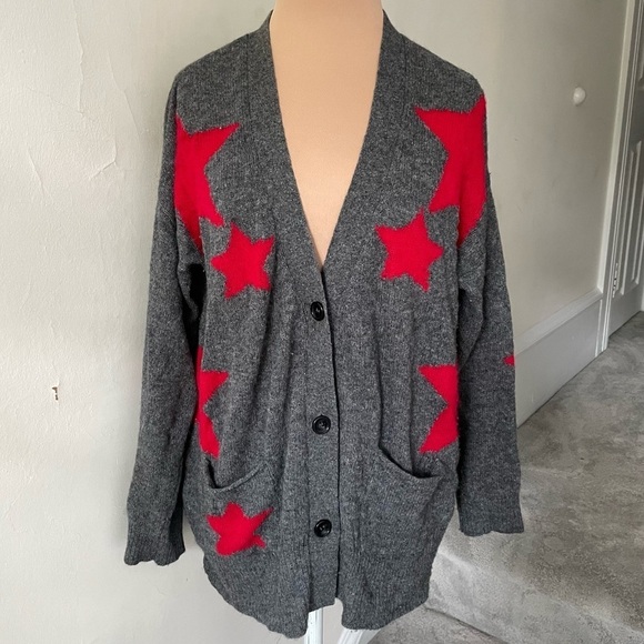 Brodie Fine Cashmere Gray Button Front Red Star Print Cardigan Sweater Size S - Picture 1 of 8